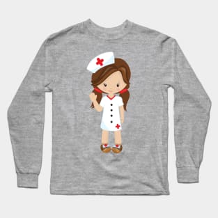 Nurse, Medicine, Doctor, Cute Girl, Brown Hair Long Sleeve T-Shirt